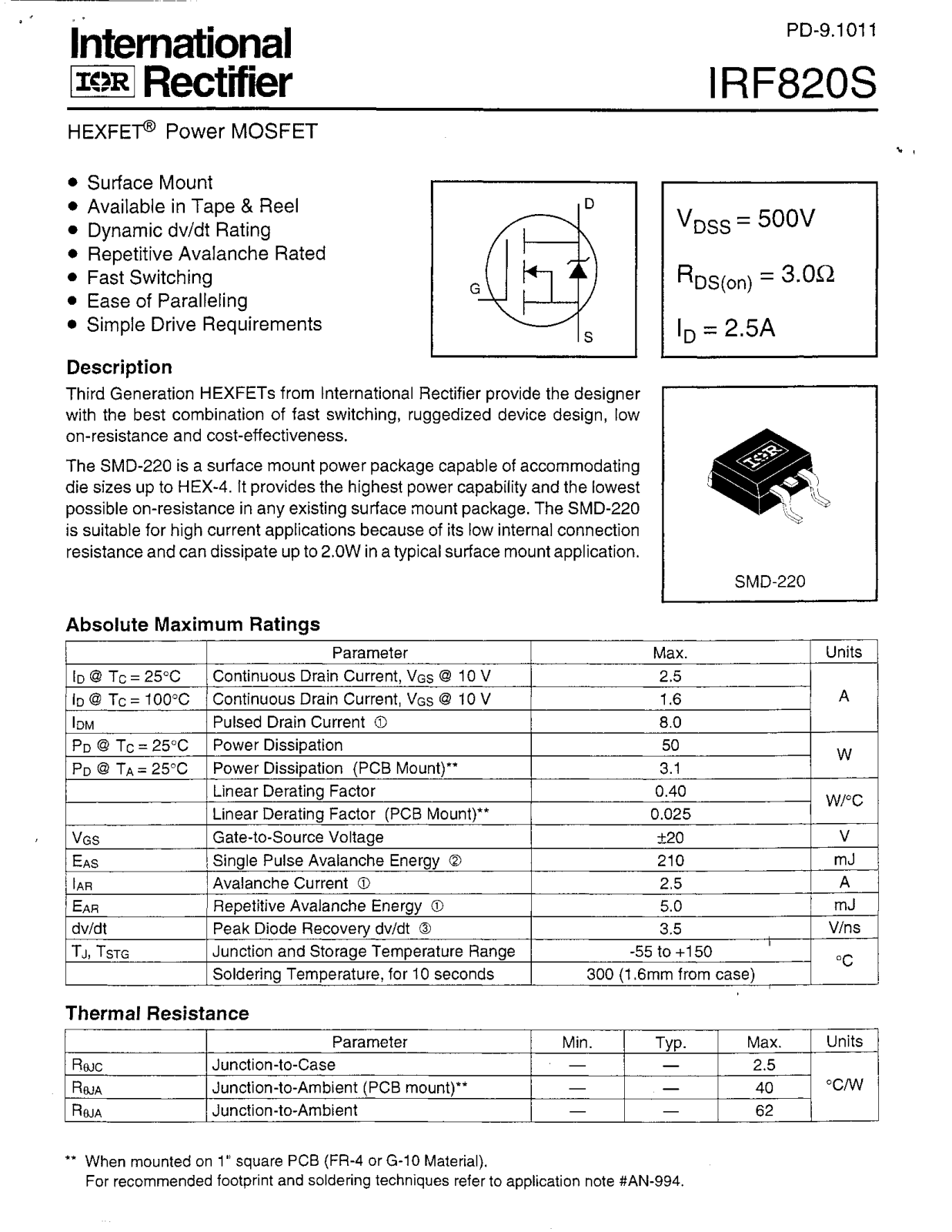 International Rectifier IRF820S Datasheet