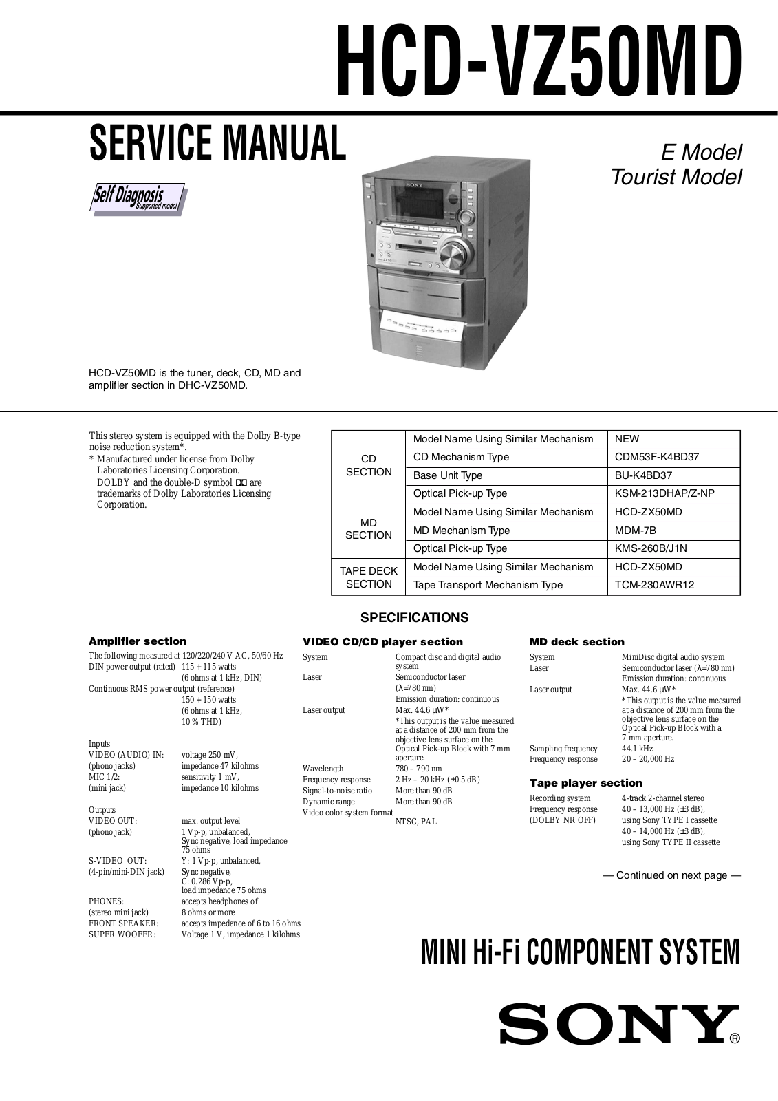 Sony HCDVZ-50-MD Service manual