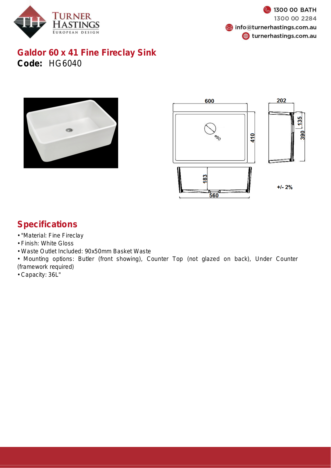 Turner Hastings HG6040 Specifications Sheet