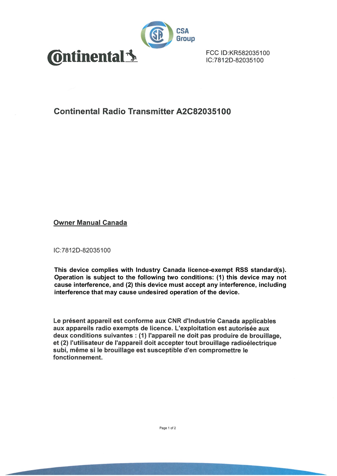 Continental Automotive 82035100 User Manual