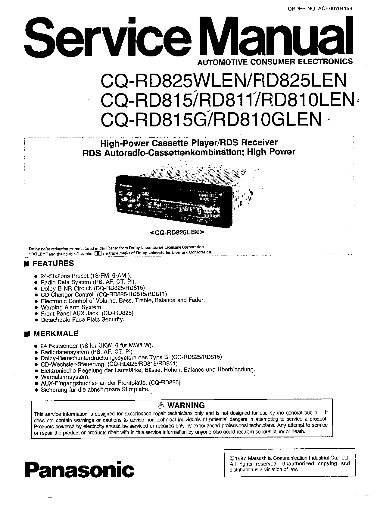 Panasonic CQ-RD825, CQ-RD815 User Manual