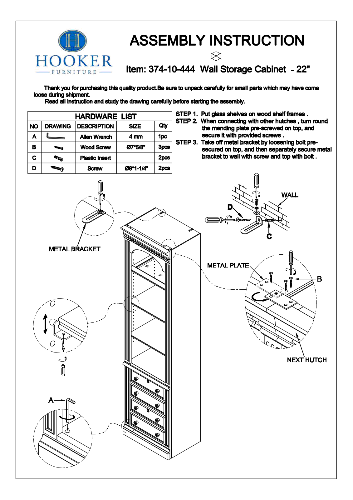 Hooker Furniture 37410444 Assembly Guide