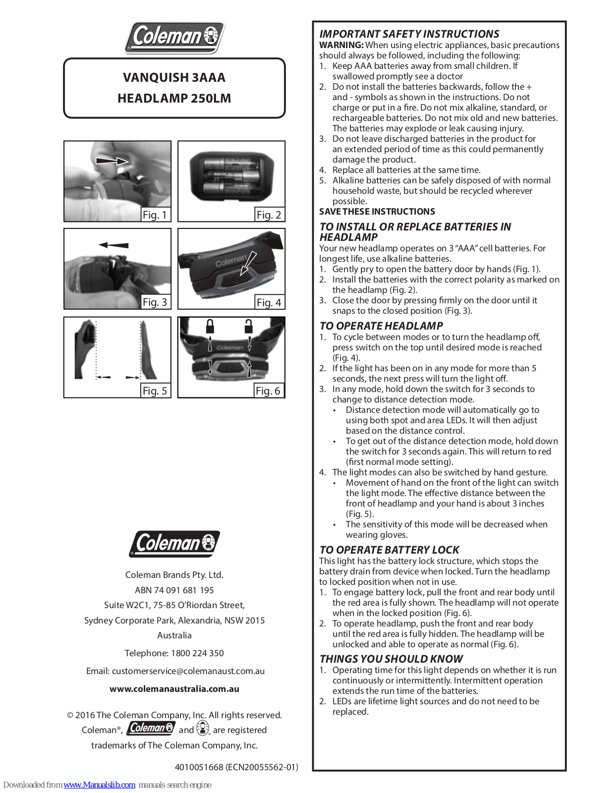 Coleman VANQUISH 3AAA, CXS+ 300 Instructions Manual