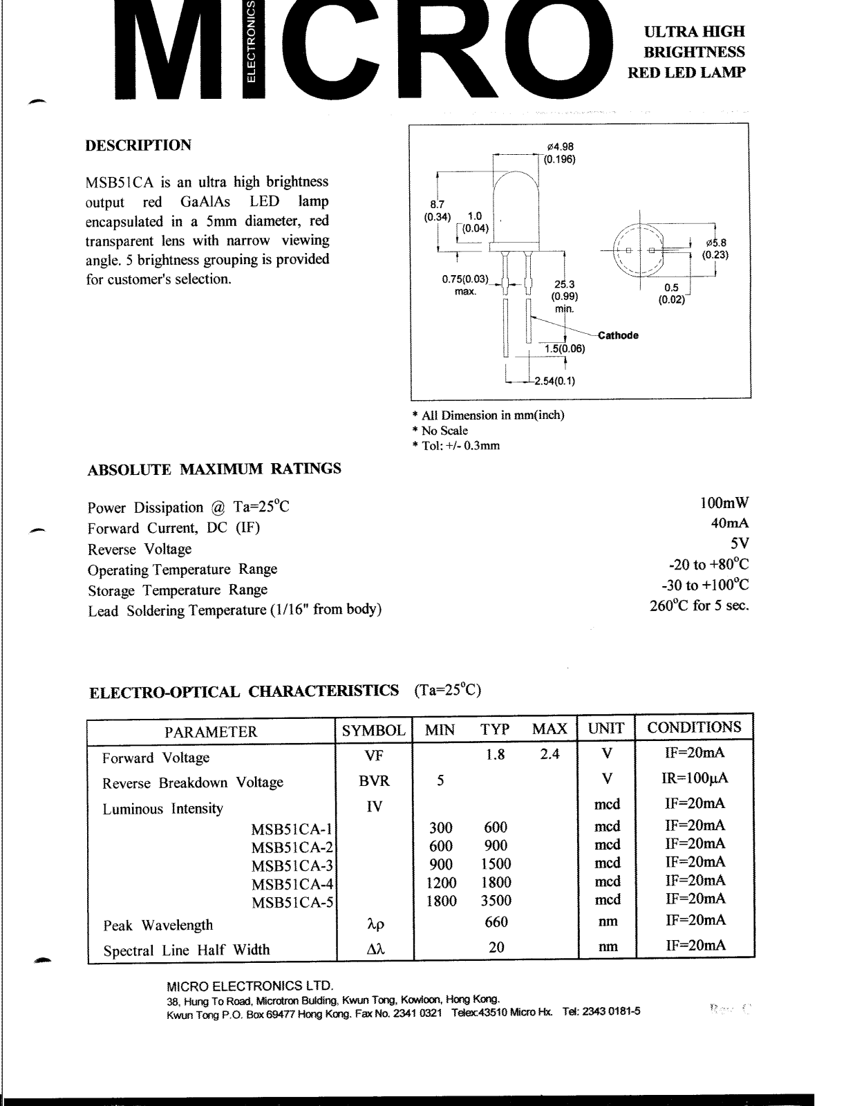 MICRO MSB51CA Datasheet