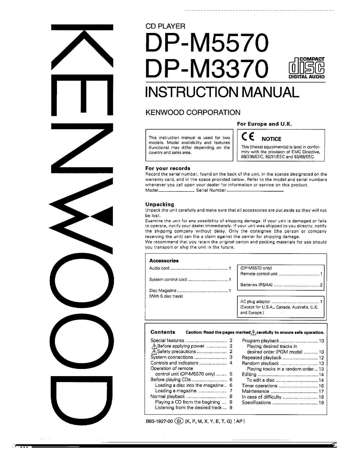 Kenwood DP-M3370, DP-M5570 Owner's Manual