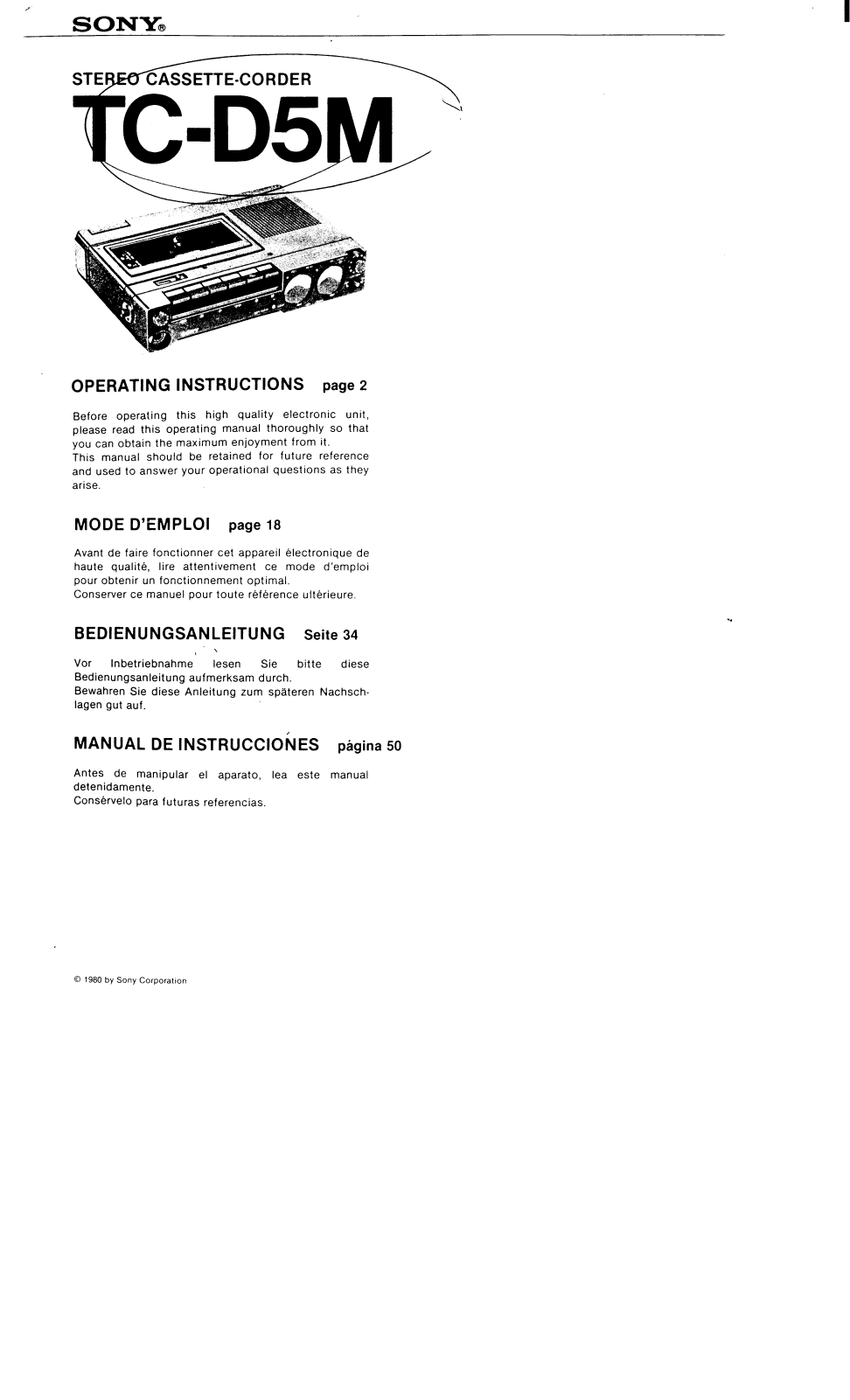 Sony TC-D5M User Manual