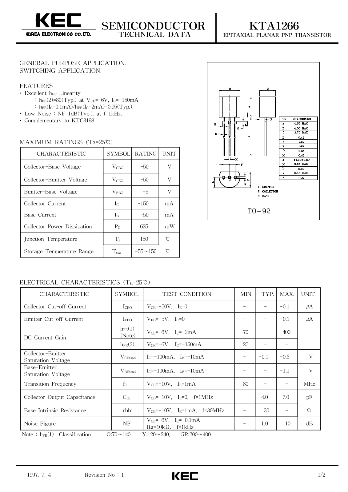 KEC KTA1266 Datasheet