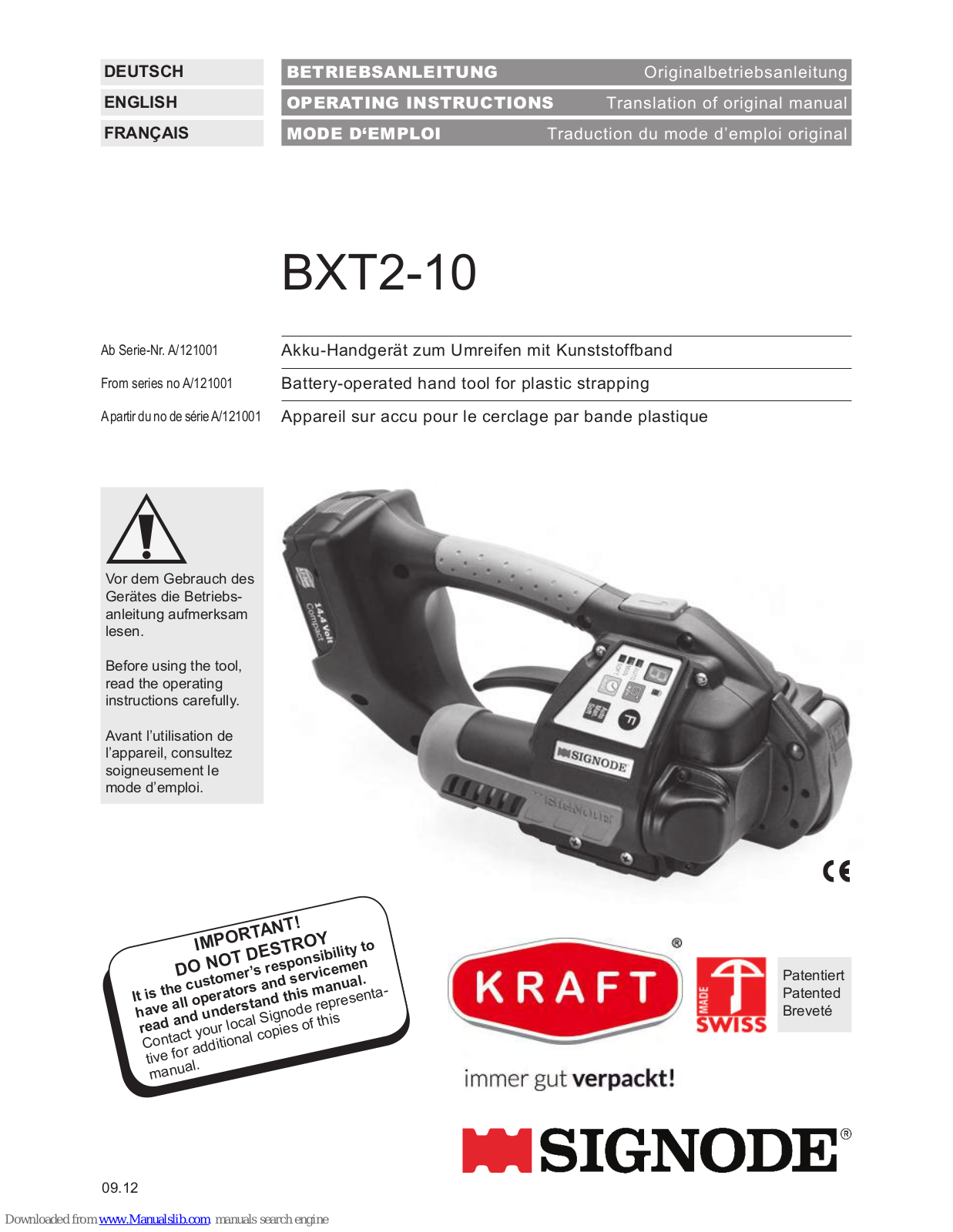 Signode BXT2-10 Operating Instructions Manual