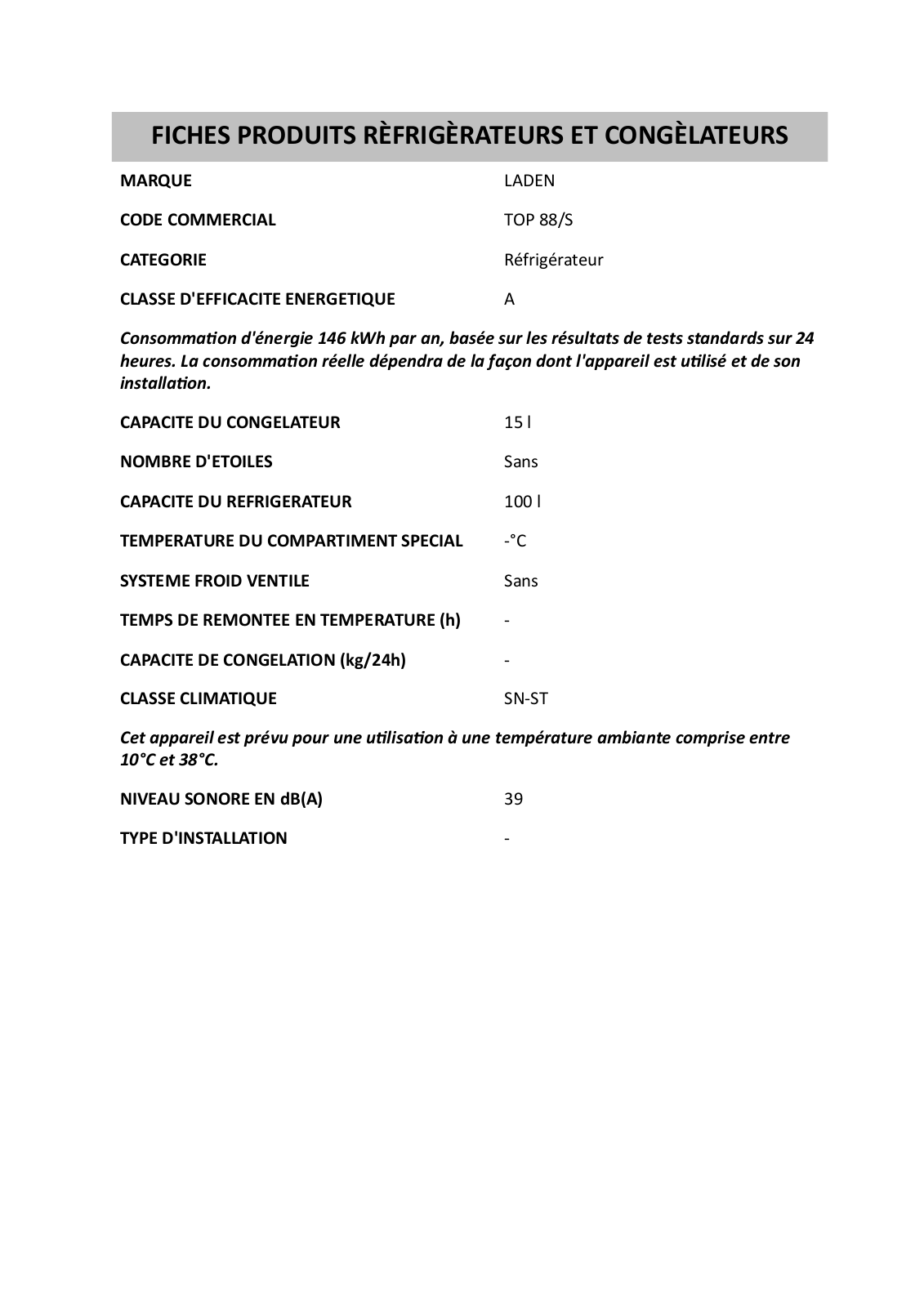 Whirlpool TOP 88/S PRODUCT SHEET