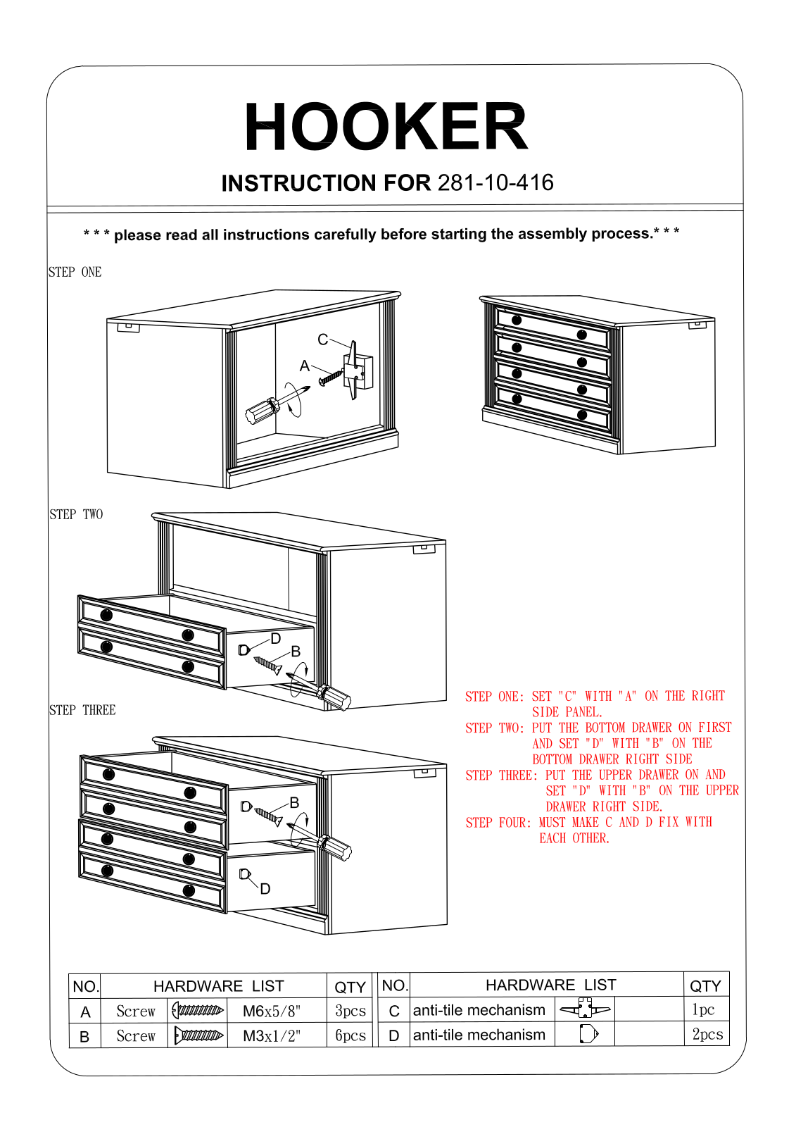 Hooker Furniture 28110416 Assembly Guide