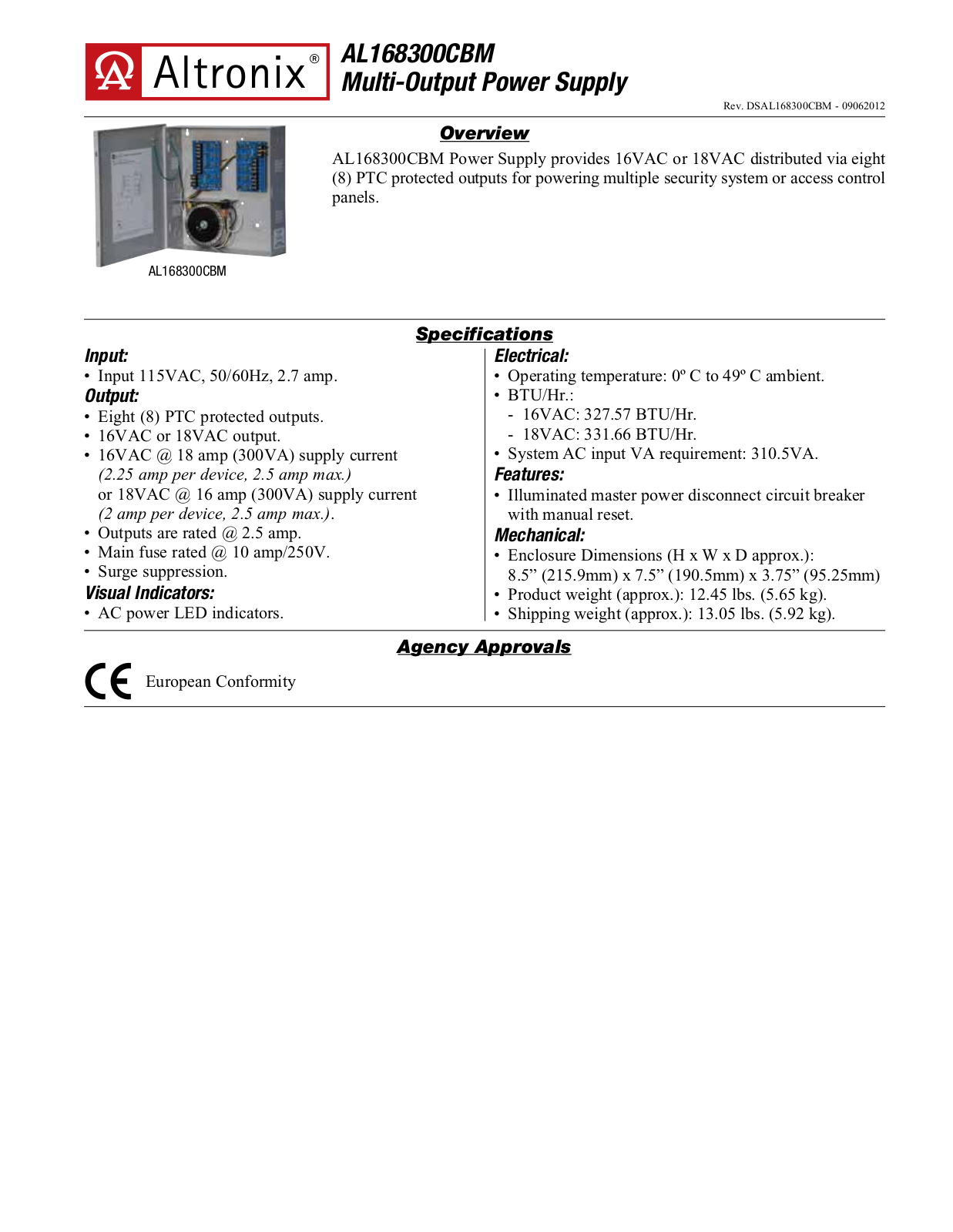 Altronix AL168300CBM Specsheet