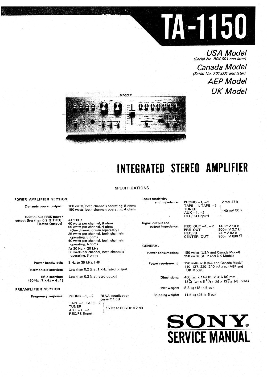 Sony TA-1150 Service manual
