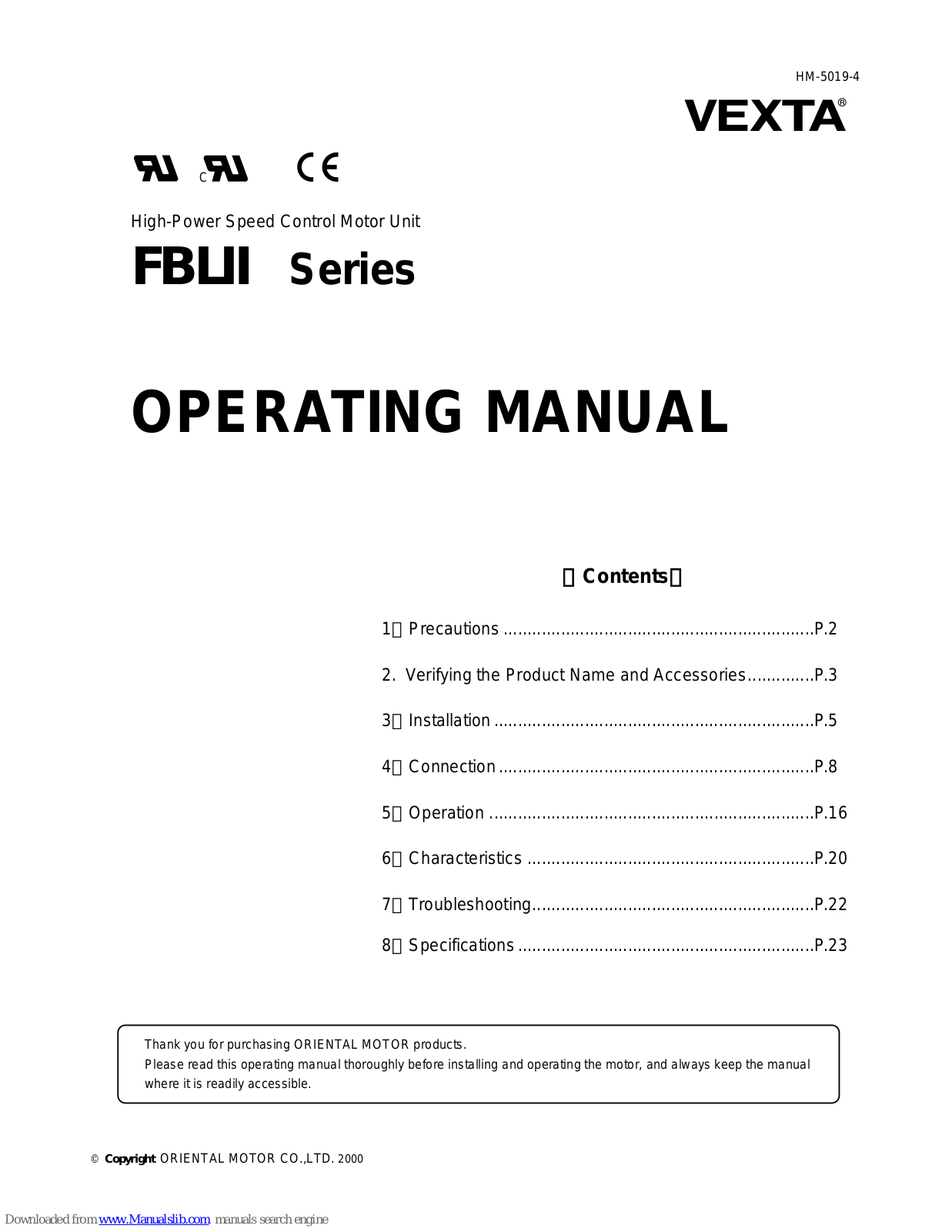 Vexta FBL5120AW Series, FBL575CW Series, FBL5120CW Series, FBL575AW-A, FBL5120SW Series Operating Manual