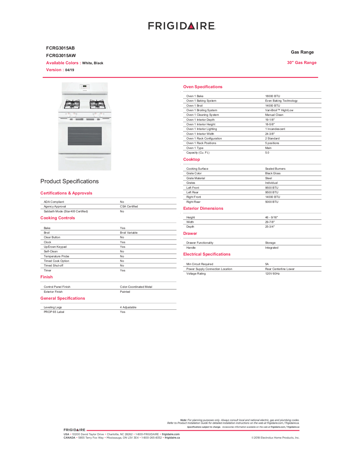 Frigidaire FCRG3015AB, FCRG3015AW Specifications