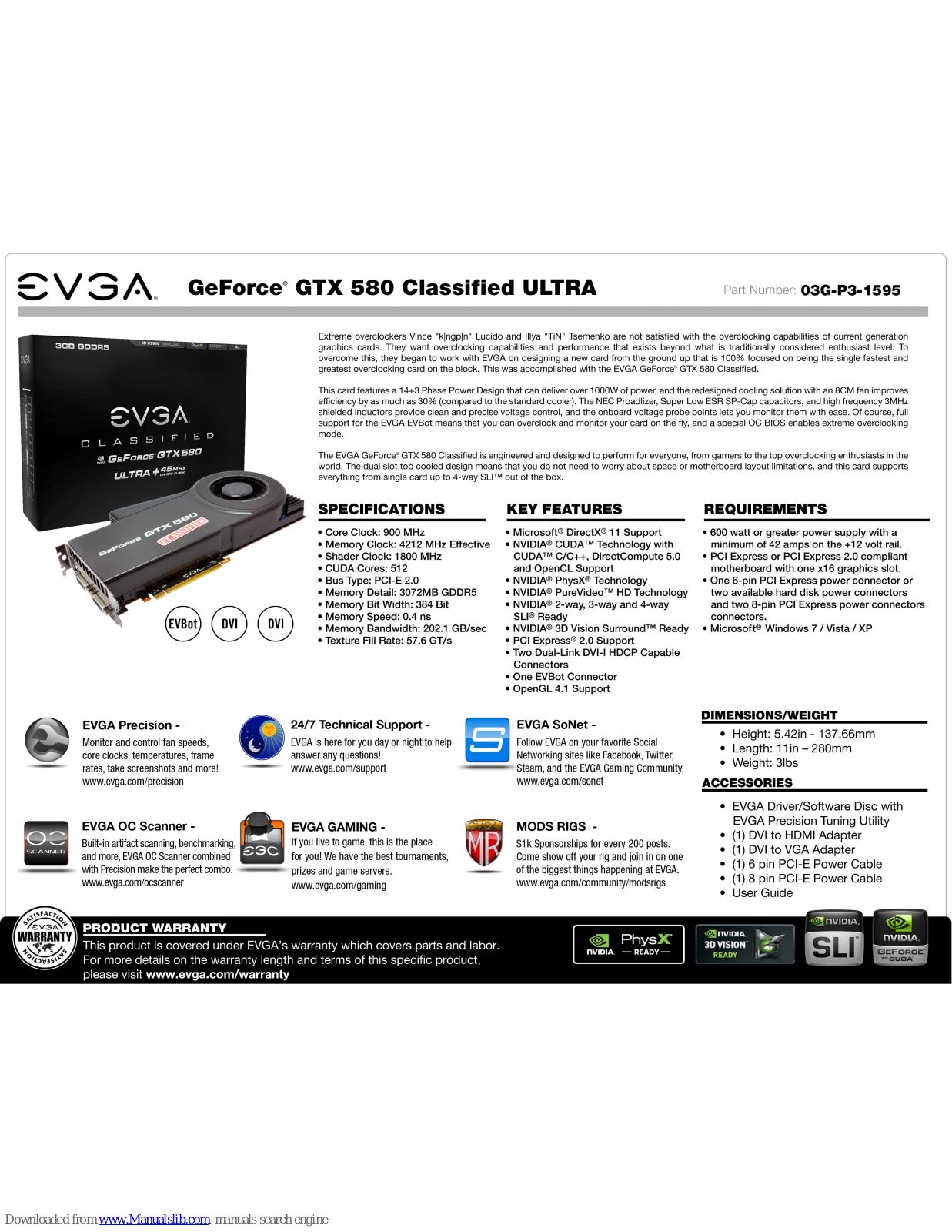 EVGA GeForce GTX 580 Classified Ultra 3072MB, GeForce GTX 580 Classified Ultra, 03G-P3-1595 Specification - ManualMachine.com