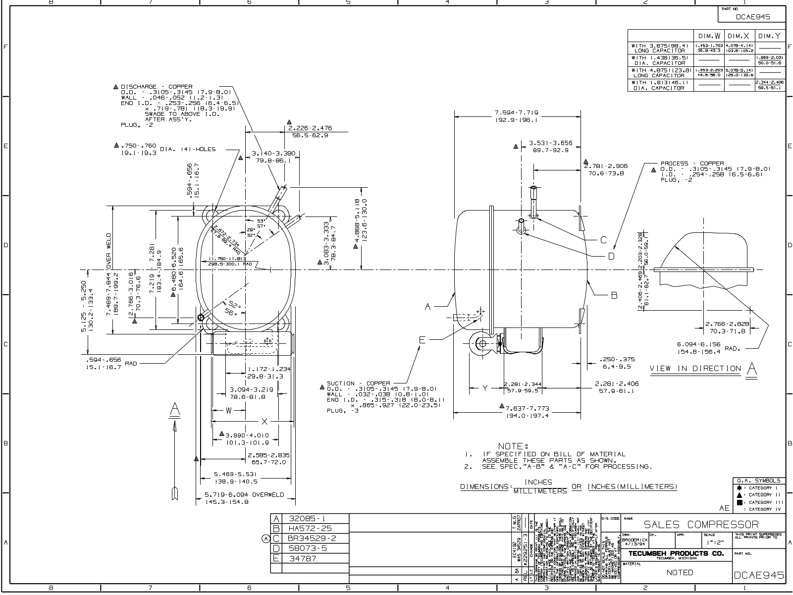 Tecumseh AEA9415ZXA, AEA9415ZXC Drawing Data