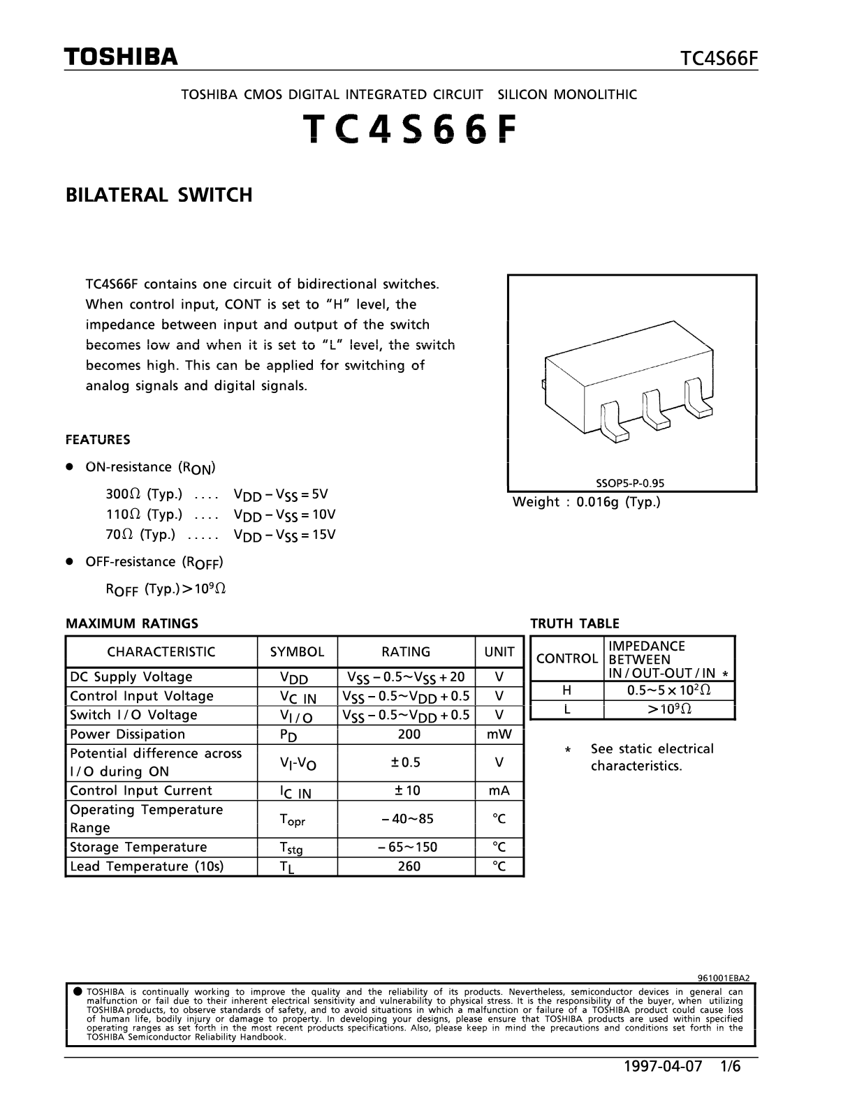 Toshiba TC4S66F Datasheet