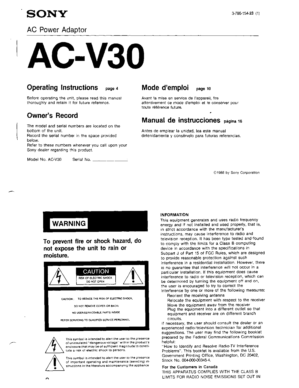 Sony AC-V30 User Manual