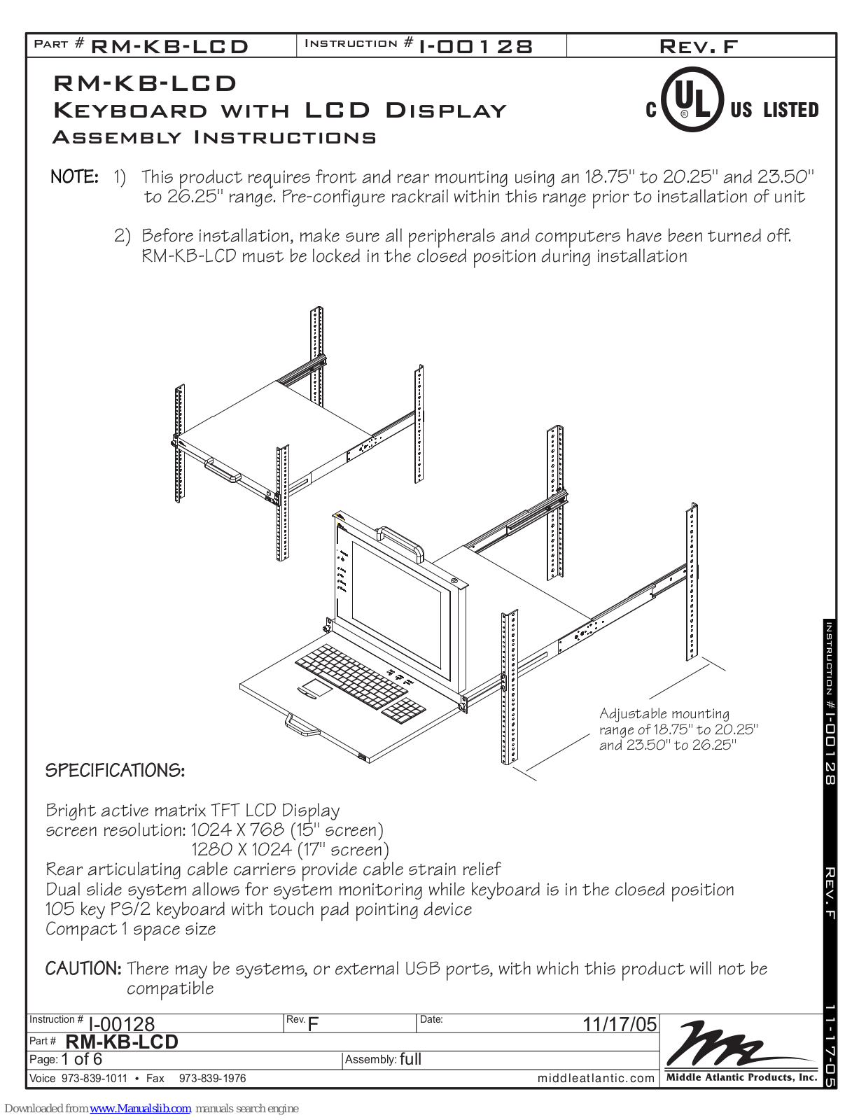 Middle Atlantic Products RM-KB-LCD Assembly Instructions Manual