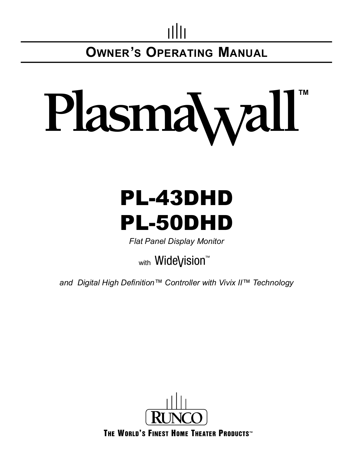 PlasmaWALL PL-43DHD, PL-50DHD User Guide