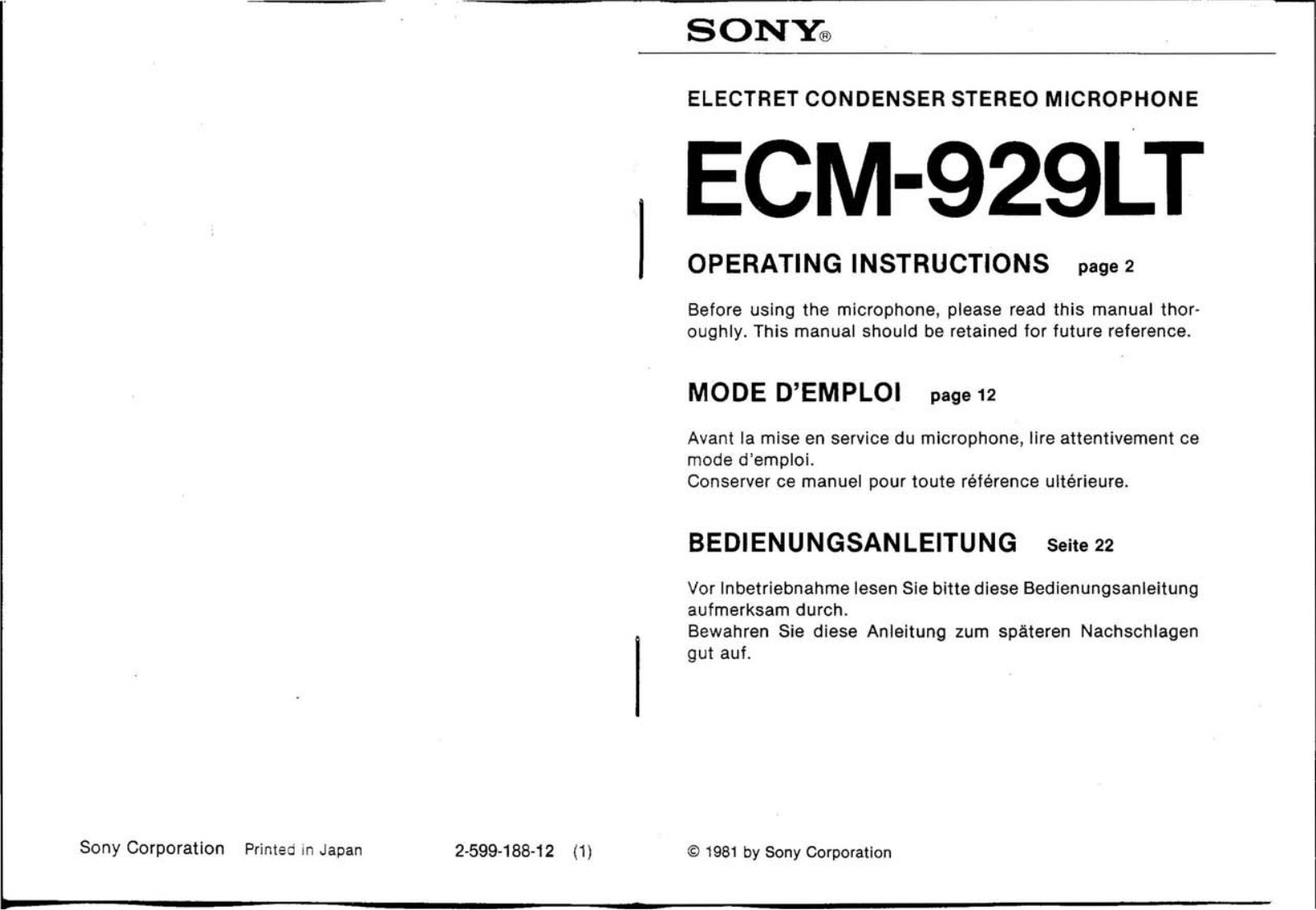 Sony ECM-929LT Operating manual - ManualMachine.com