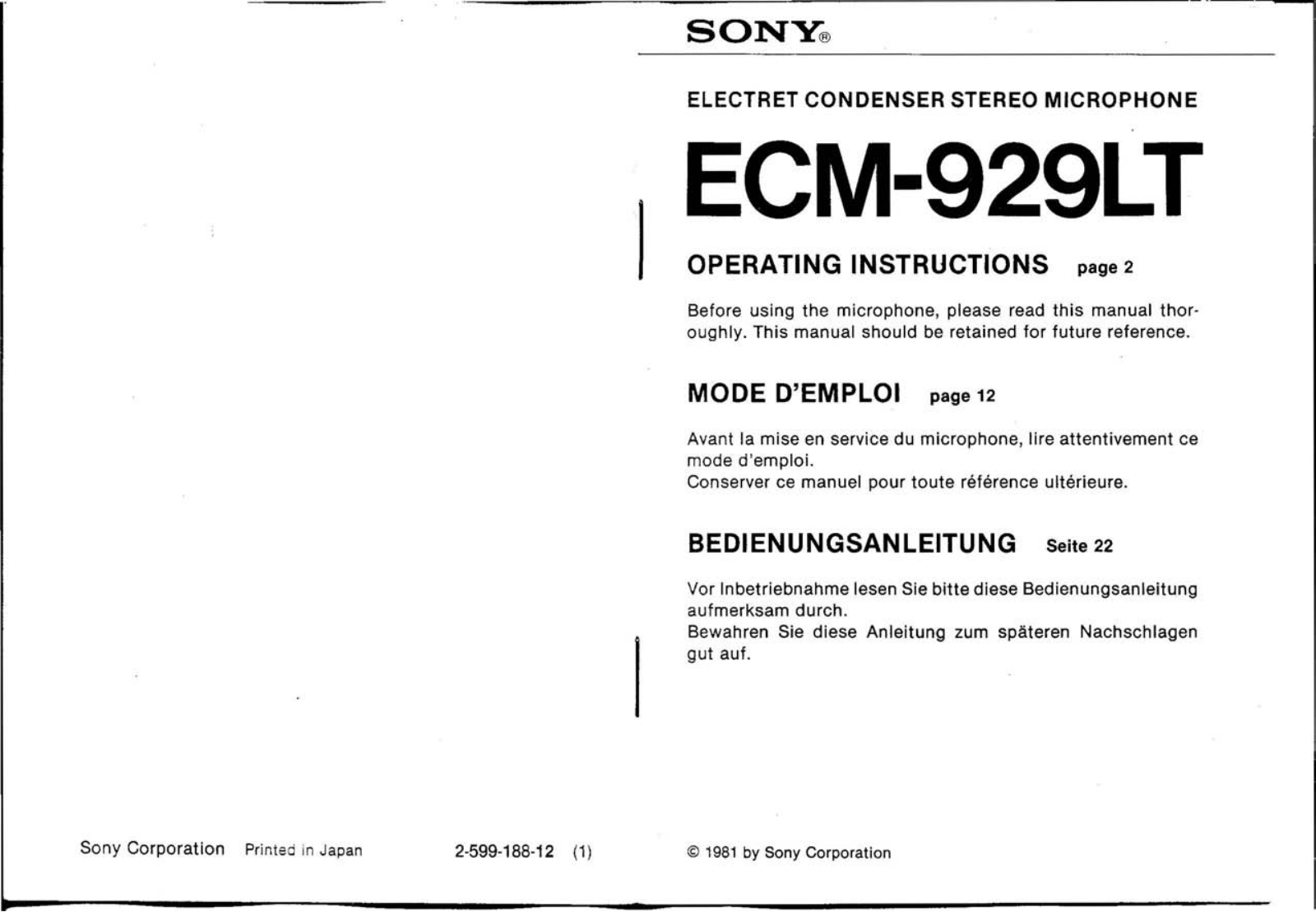 Sony ECM-929LT Operating manual