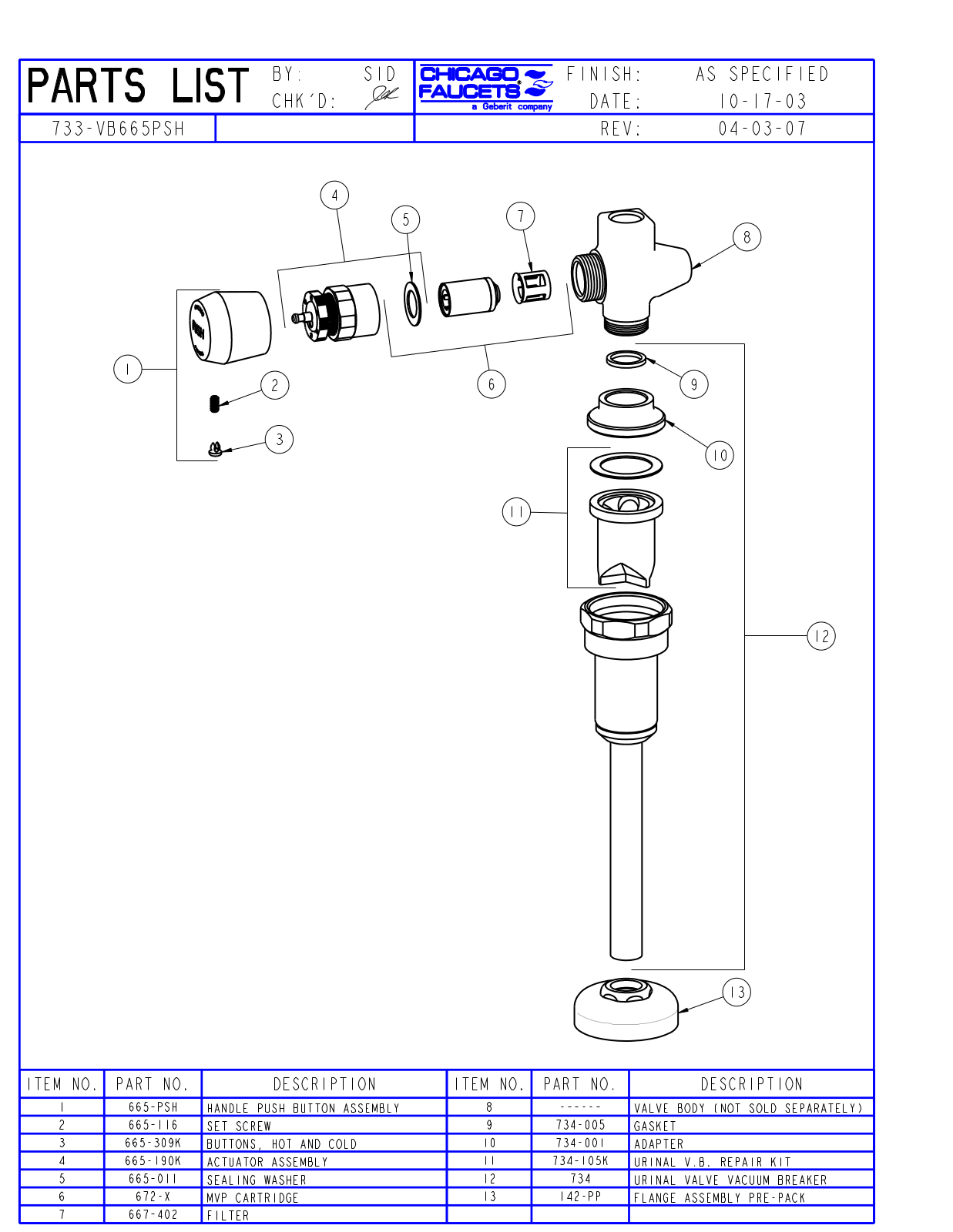 Chicago Faucet 733-VB665PSHCP Parts List