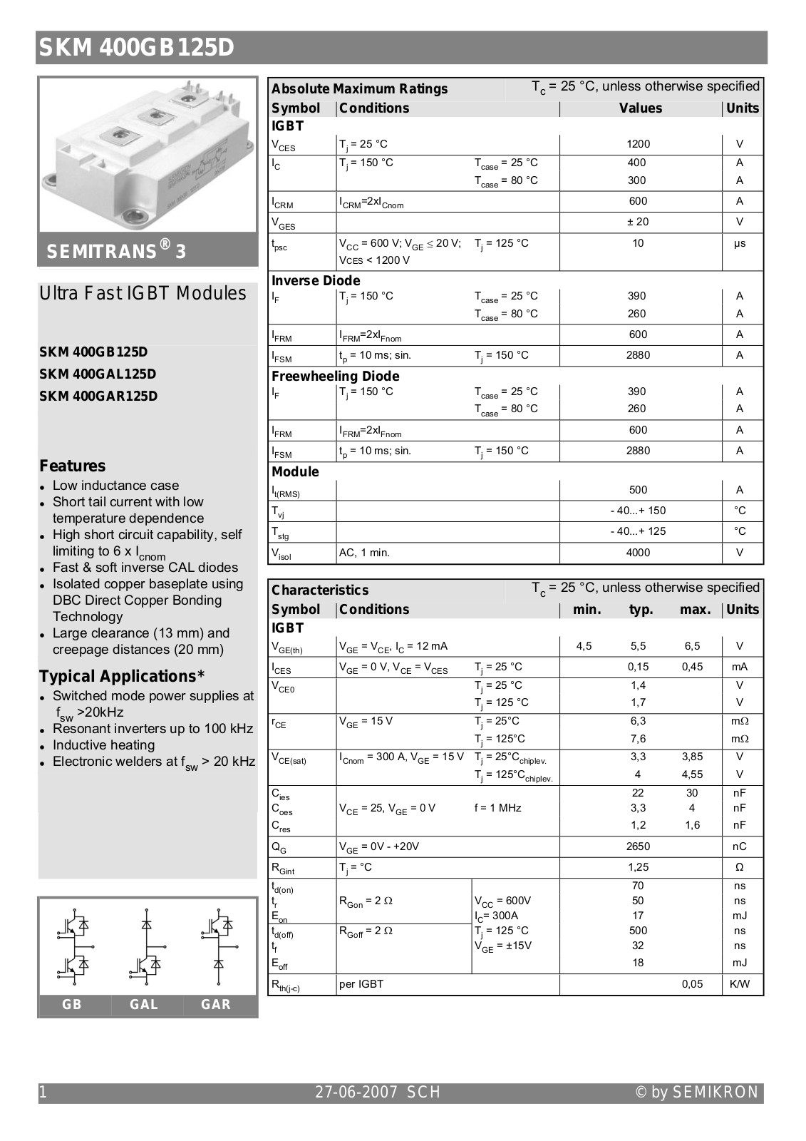 Semikron SKM400GB125D Data Sheet