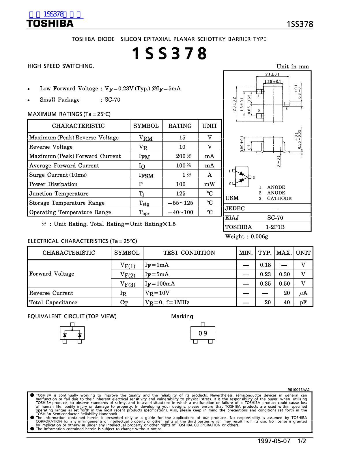 TOSHIBA 1SS378 Technical data