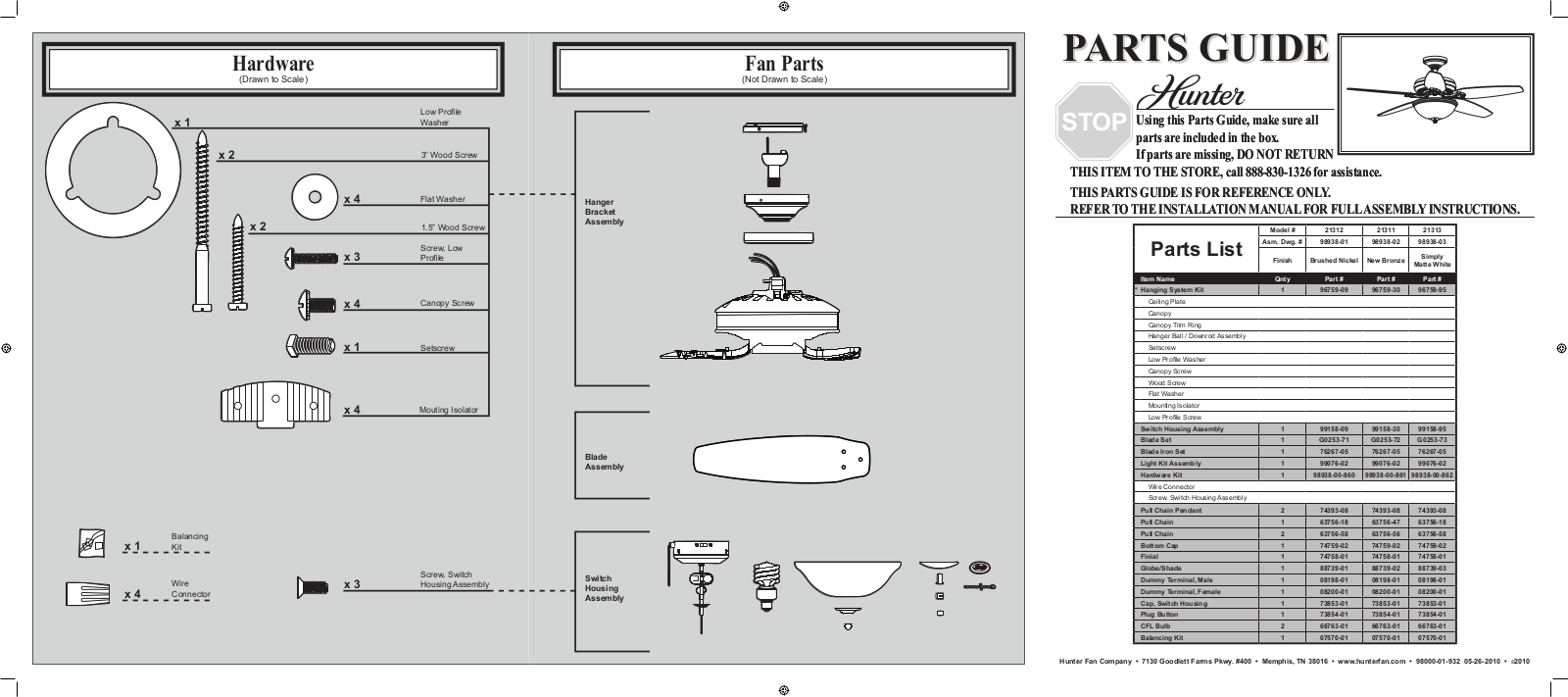 Hunter 21313 Parts Guide