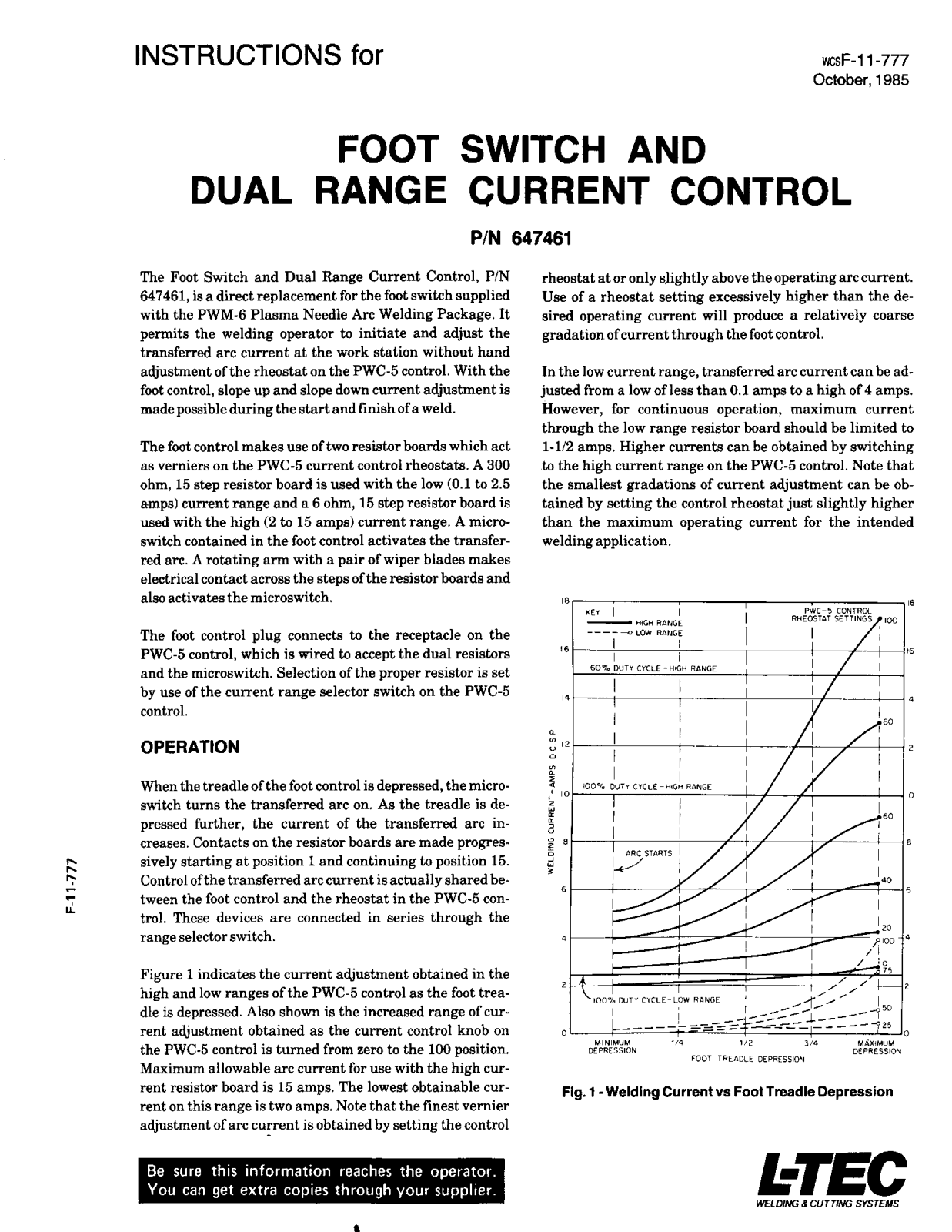 L-TEC Foot Switch and Dual Range Current Control Troubleshooting instruction / Spare parts list (Replacement parts)