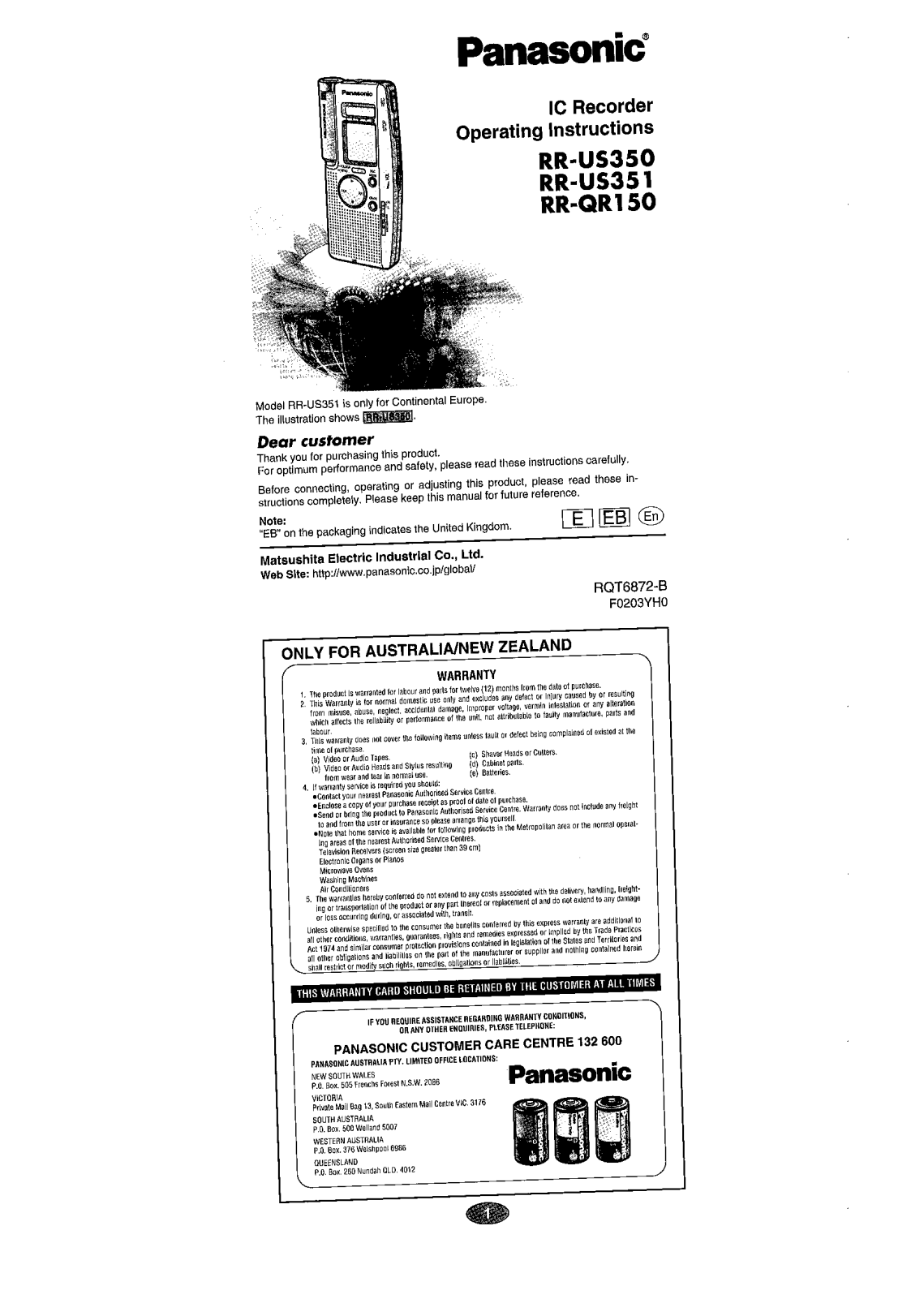 Panasonic RR-US351, RR-QR150, RR-US350 User Manual