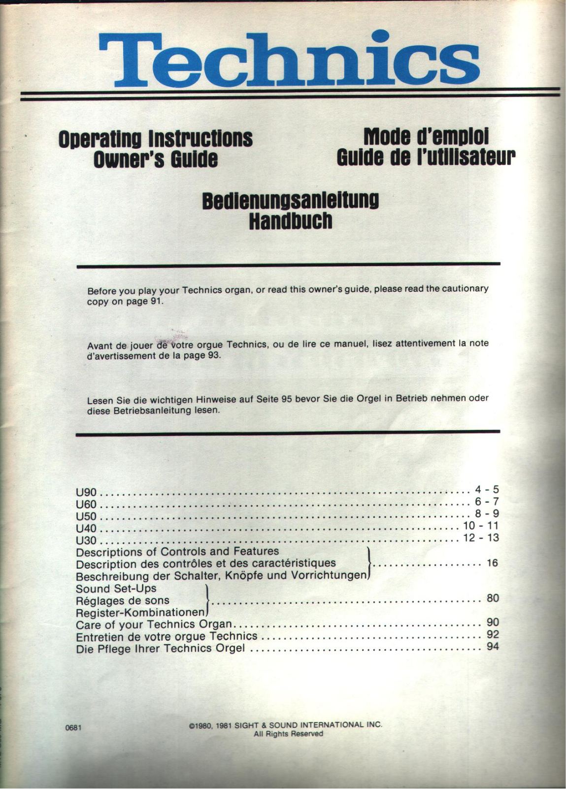 Technics U30, U40, U60, U90 User Manual