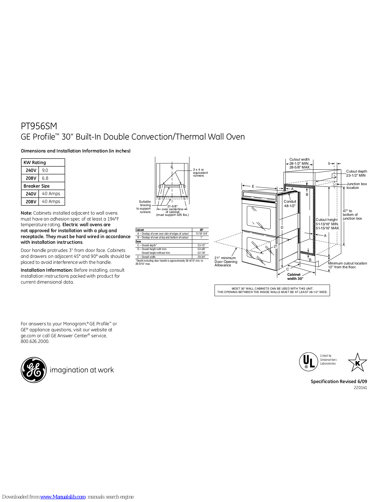 GE Profile PT956SMSS, PT956SMSS - 30 Inch Double Electric Wall Oven Dimensions And Installation Information