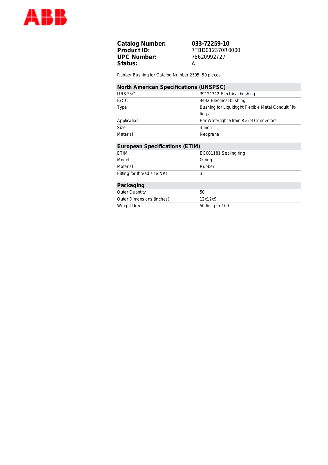 Thomas & Betts 033-72259-10 Data Sheet