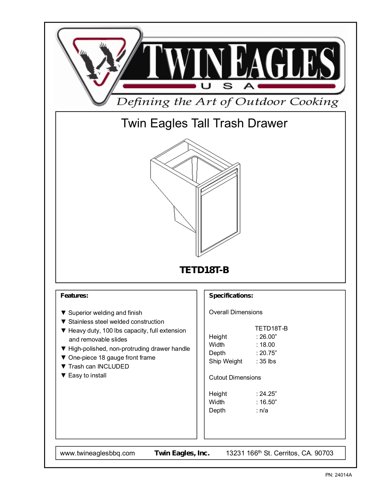 Twin Eagles TETD18TB Specifications