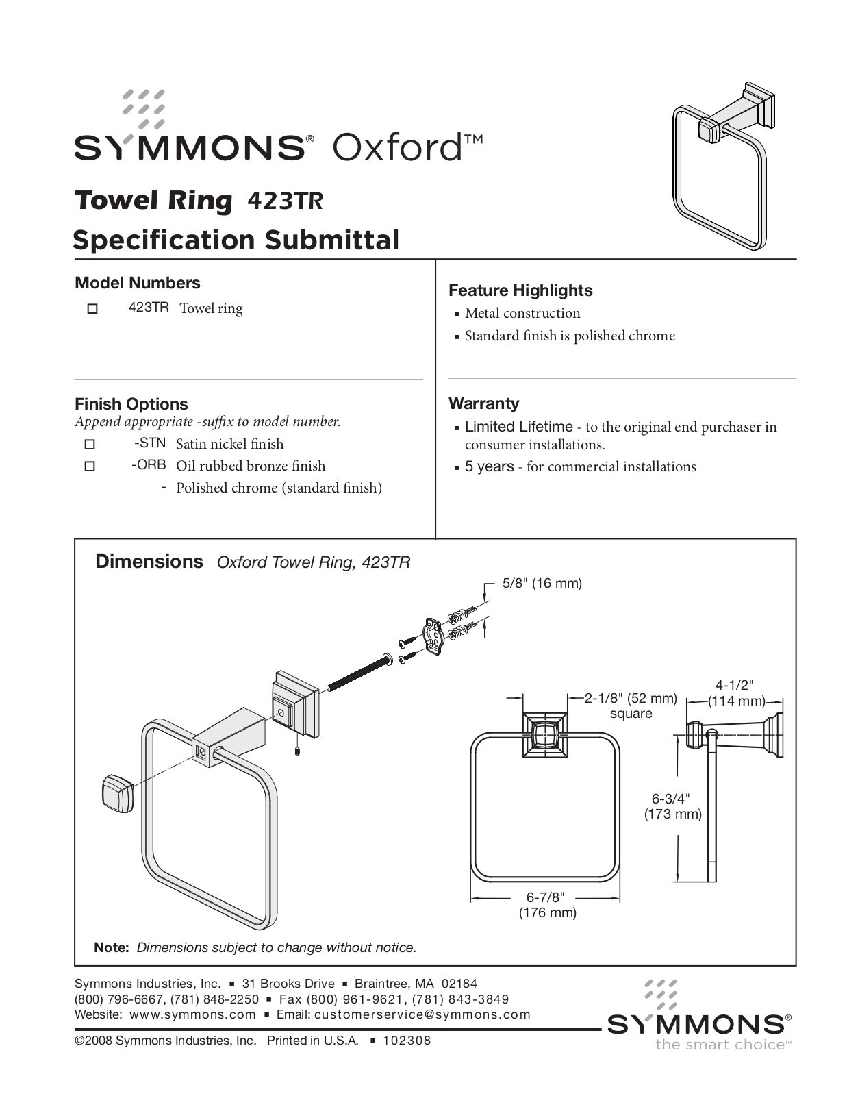 Symmons 423TR User Manual