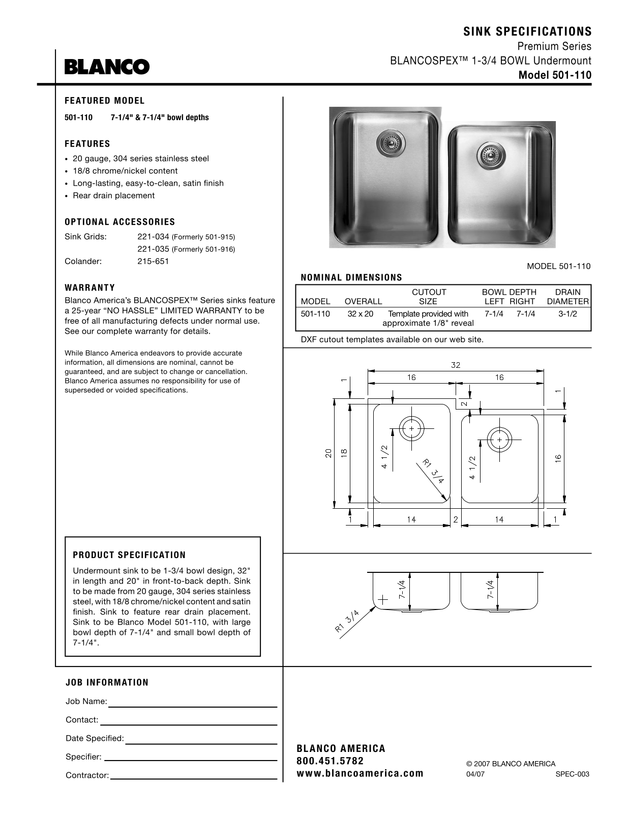 Blanco 440308 Specs