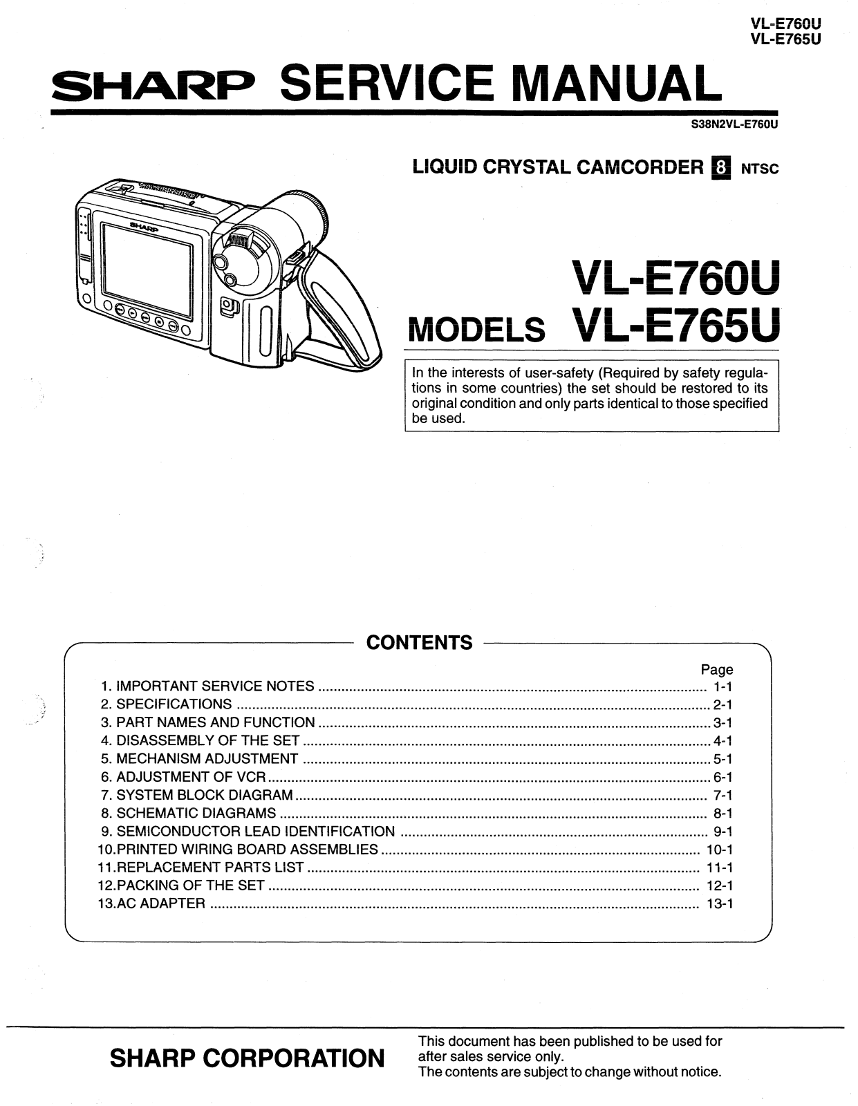 SHARP VL-E760U, VL-E765U Service Manual