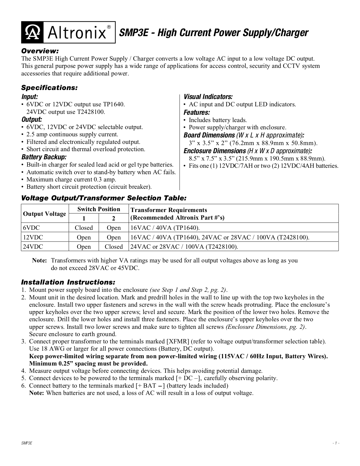 Altronix SMP3E Installation Instructions