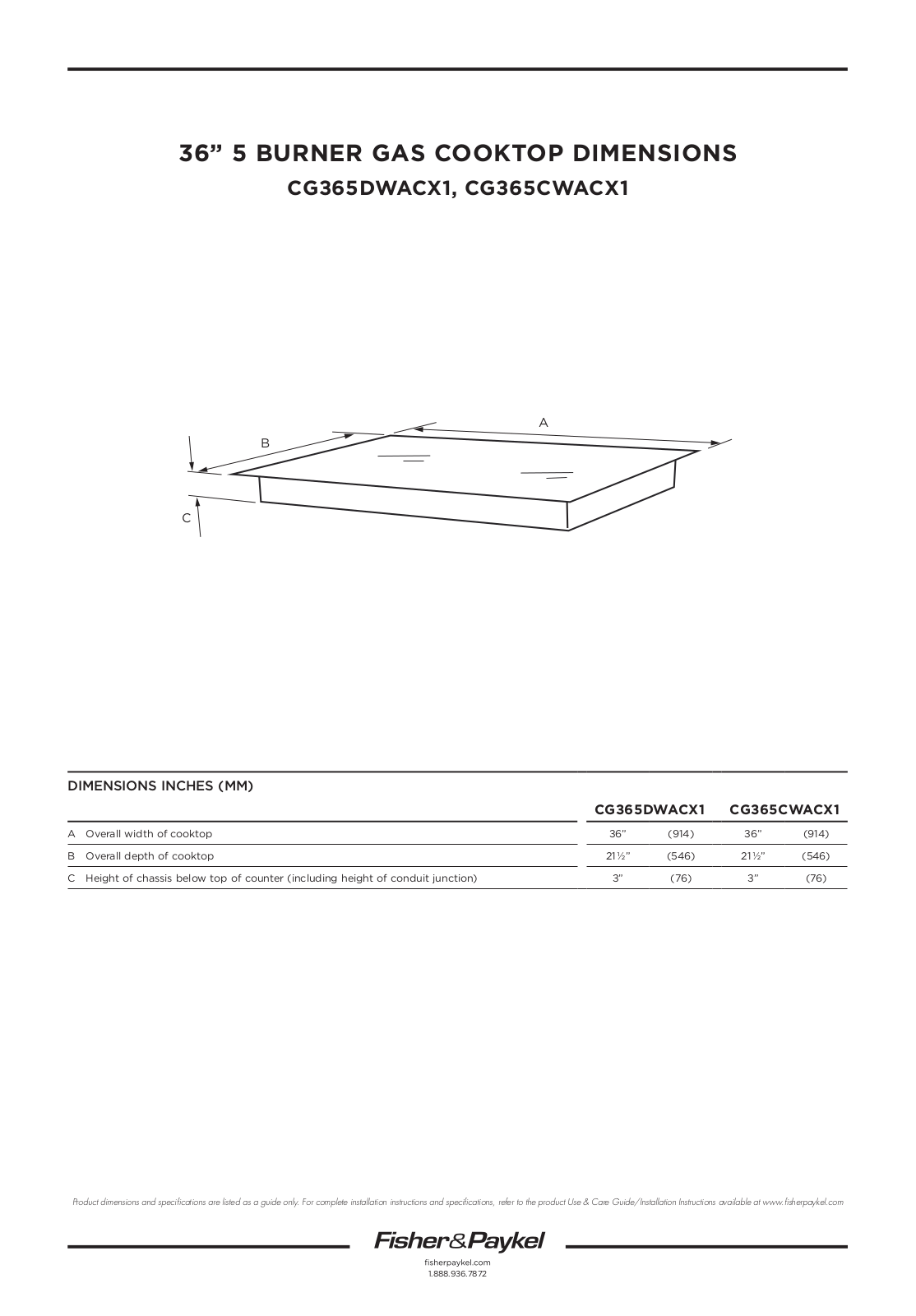 Fisher & Paykel CG365CWACX1 Installation Worksheet