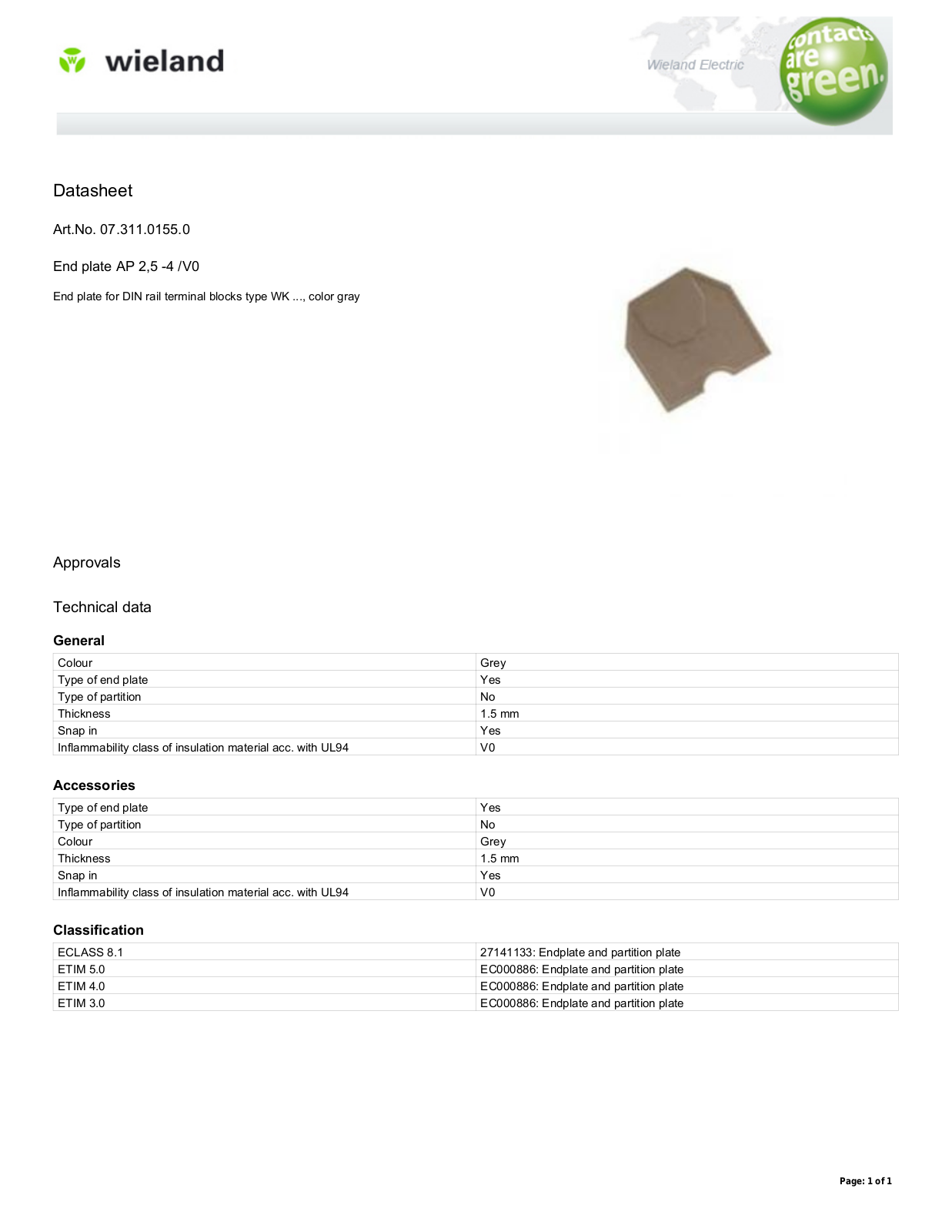 Wieland 07.311.0155.0 Data Sheet