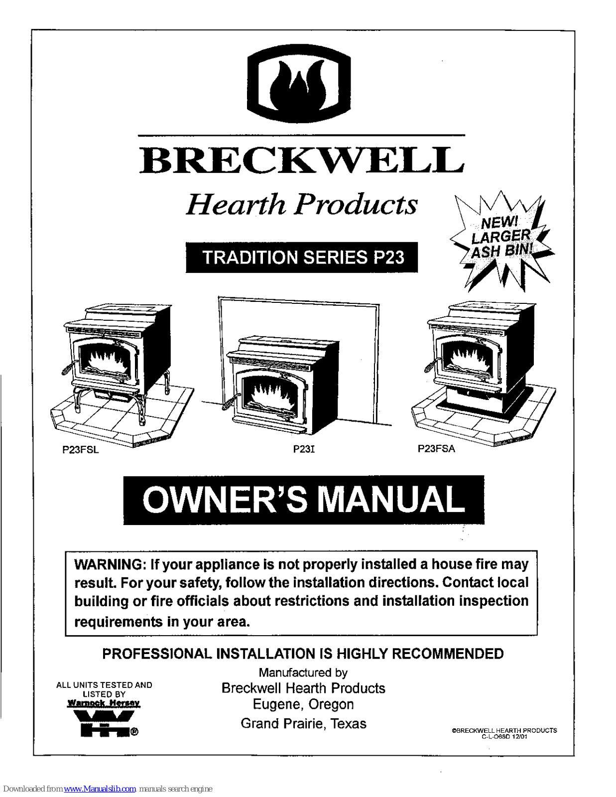 Breckwell Tradition P23FSL, Tradition P23I Owner's Manual