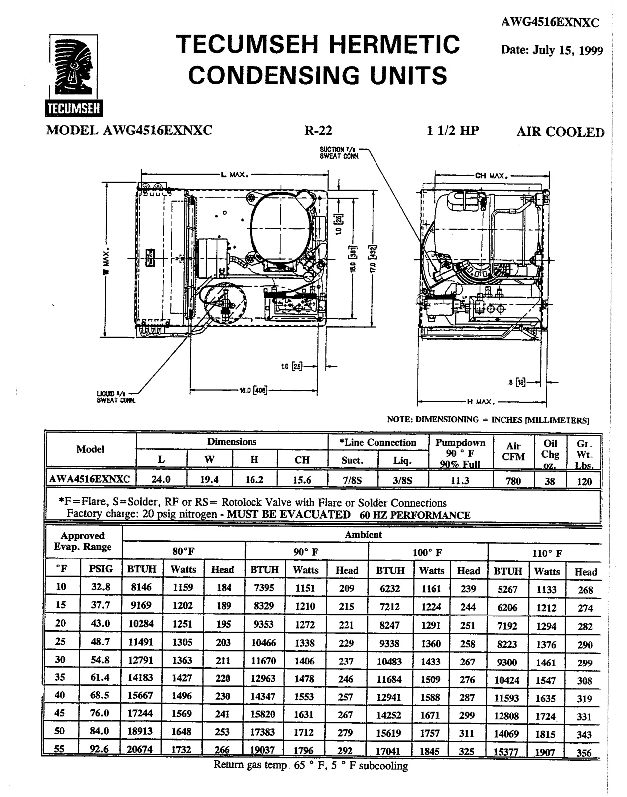 Tecumseh AWG4516EXNXC Performance Data Sheet