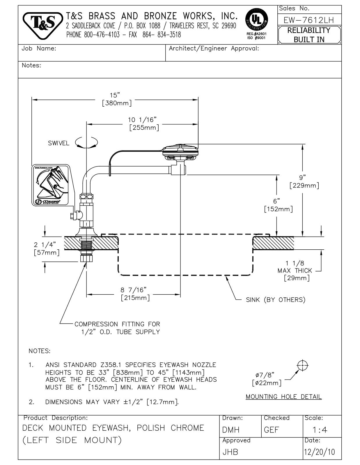 T & S Brass & Bronze Works EW-7612-LH General Manual