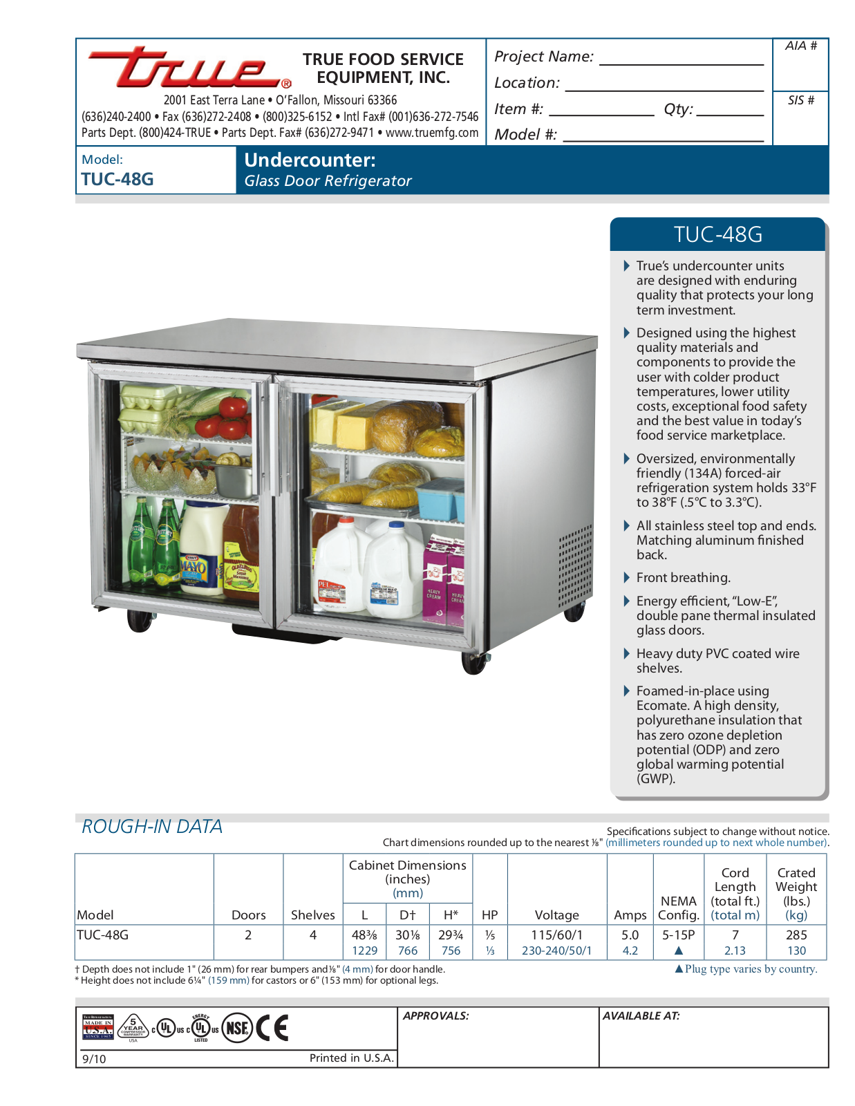 True TUC-48G Specifications