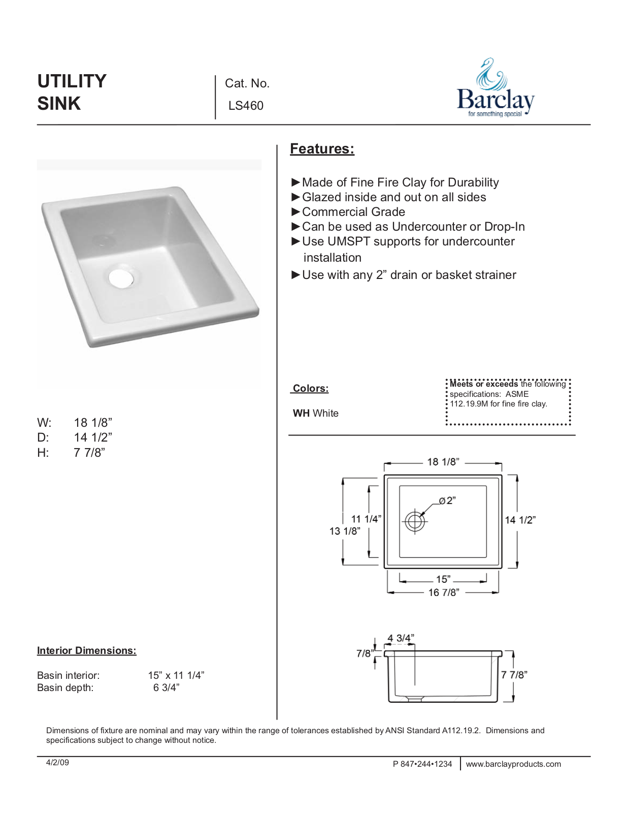 Barclay LS460 Specifications