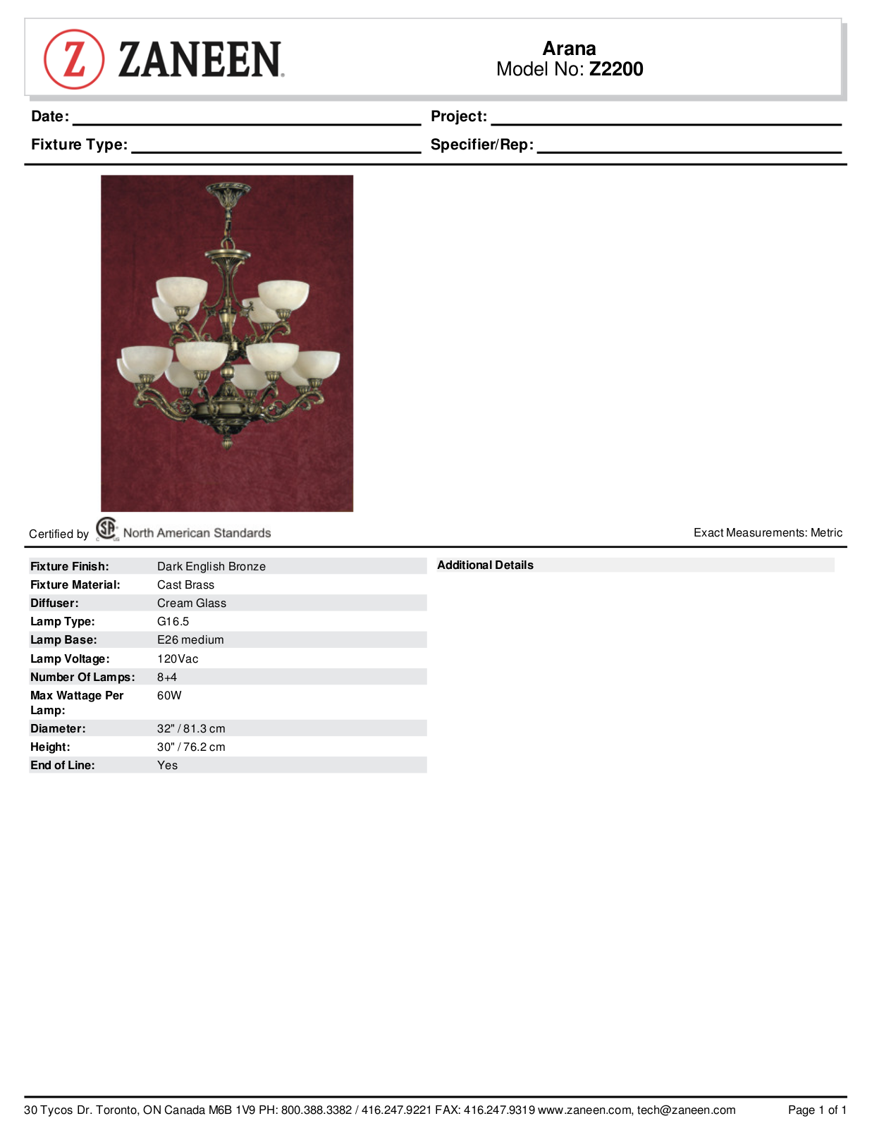 Zanin Lighting Inc. ZN1609 Specifications - ManualMachine.com