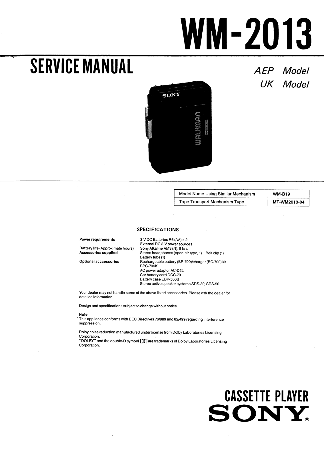 Sony WM-2013 Service manual