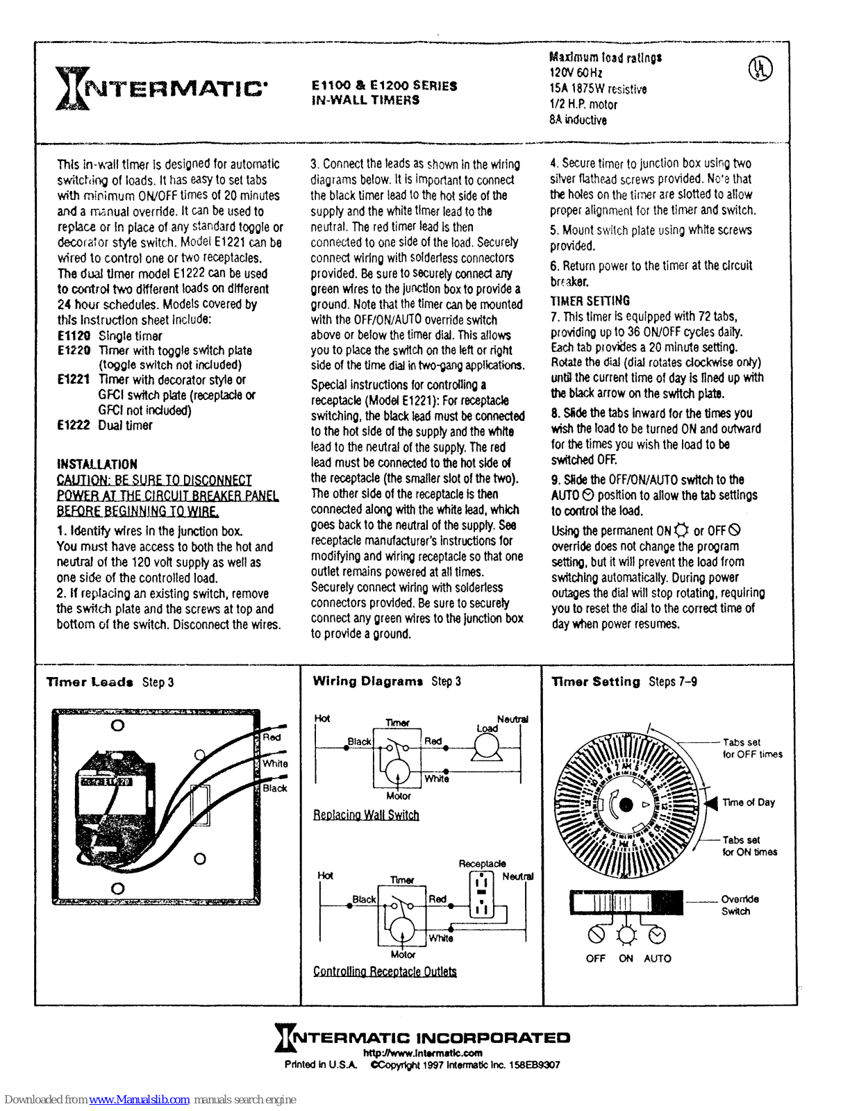 Intermatic E1100 Series, E1200 Series Supplementary Manual